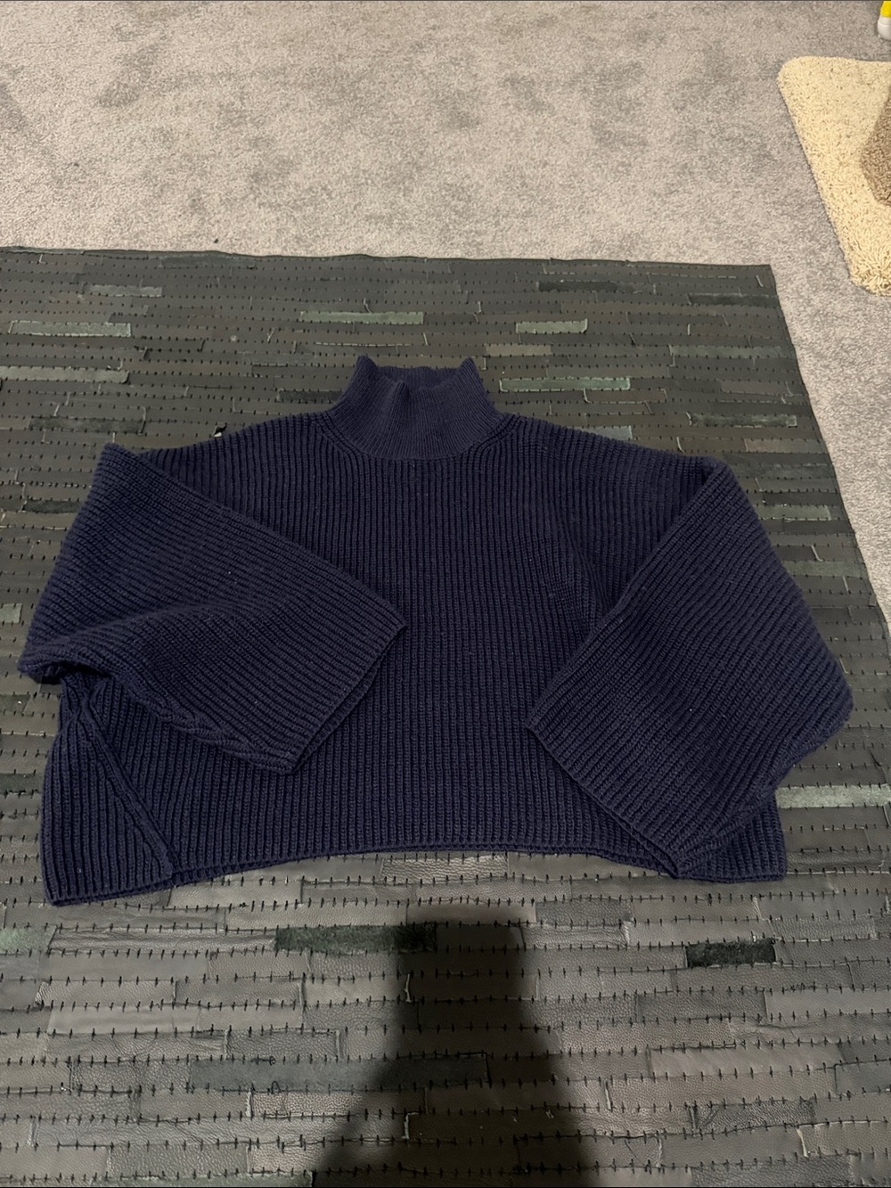 Topshop Navy Ribbed Cropped Turtleneck Sweater